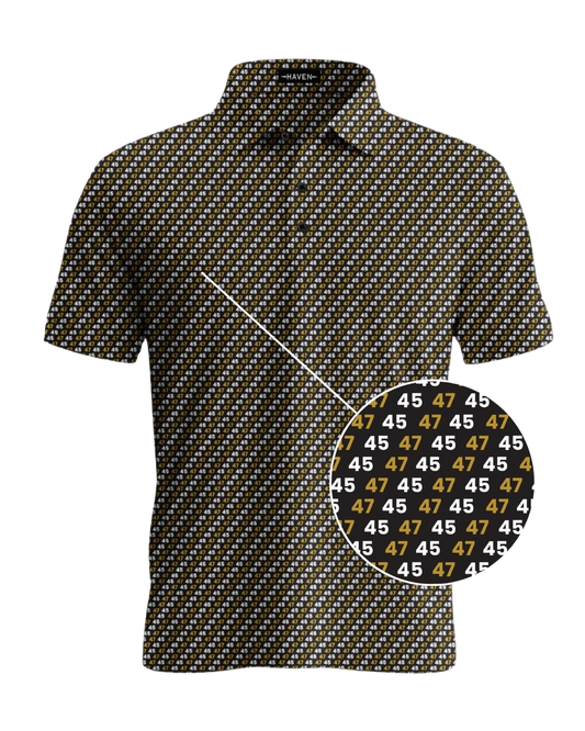 45 47 polo shirt with black-and-gold print and repeating 45 / 47 numbers, by Haven Golf, showcasing subtle political style.
