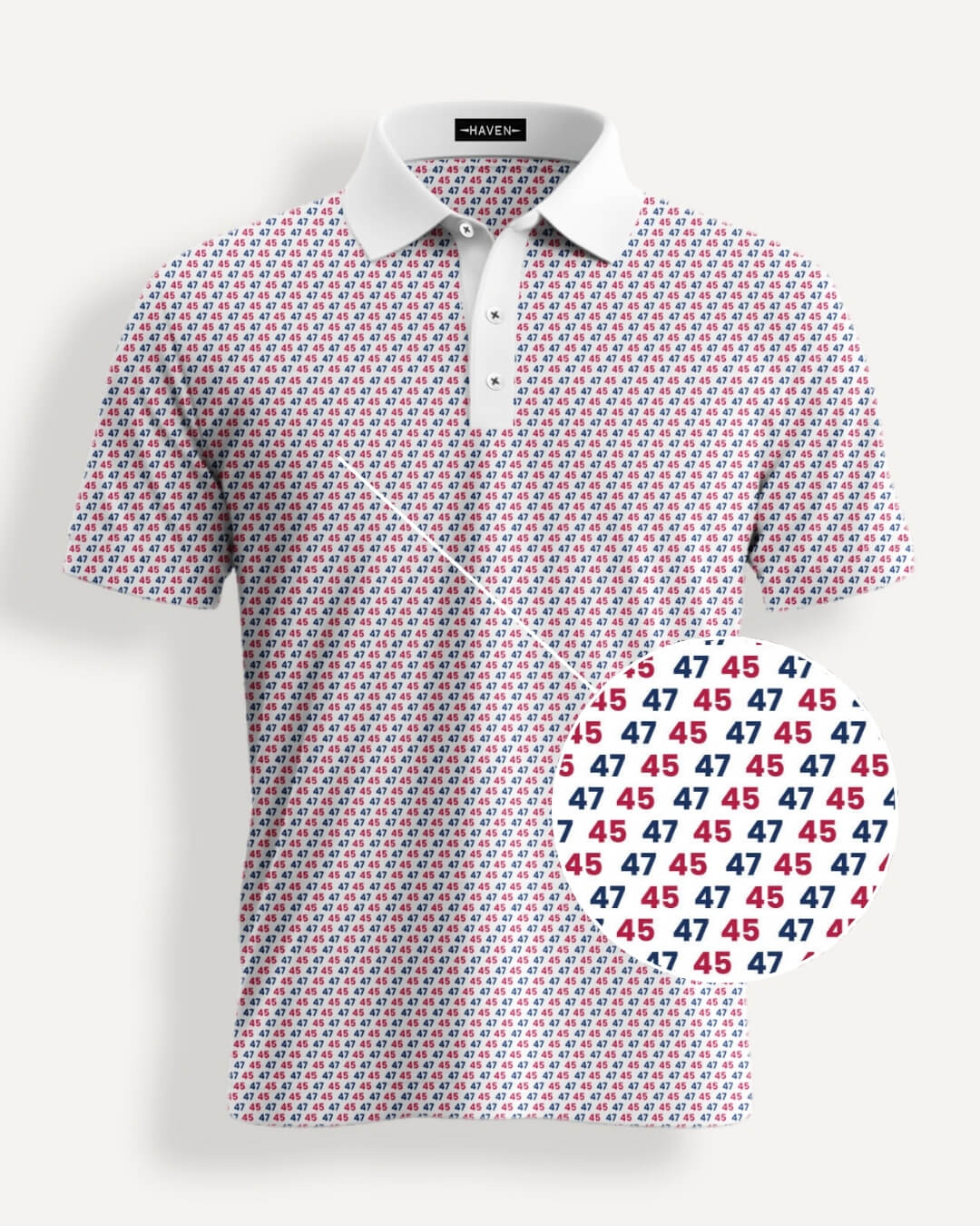 45 47 polo shirt with red and navy patterns showcasing political theme by Haven Golf.