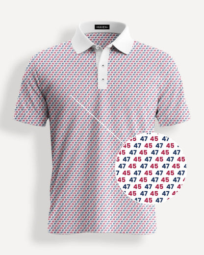 45 47 polo shirt with red and navy patterns showcasing political theme by Haven Golf.