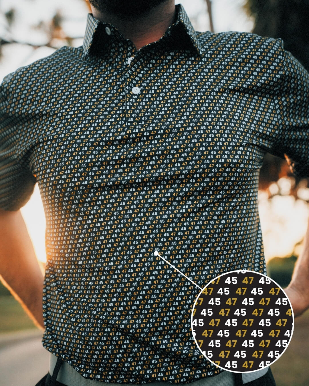 Man wearing 45 47 polo shirt with black-and-gold design by Haven Golf, featuring repeating 45 47 numbers in a stylish, political motif.
