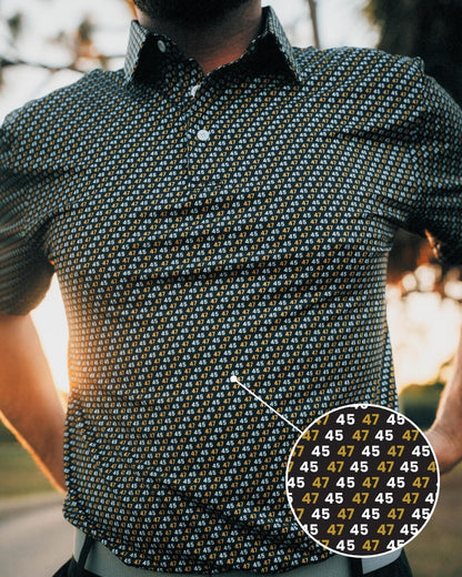 Man wearing 45 47 polo shirt with black-and-gold design by Haven Golf, featuring repeating 45 47 numbers in a stylish, political motif.