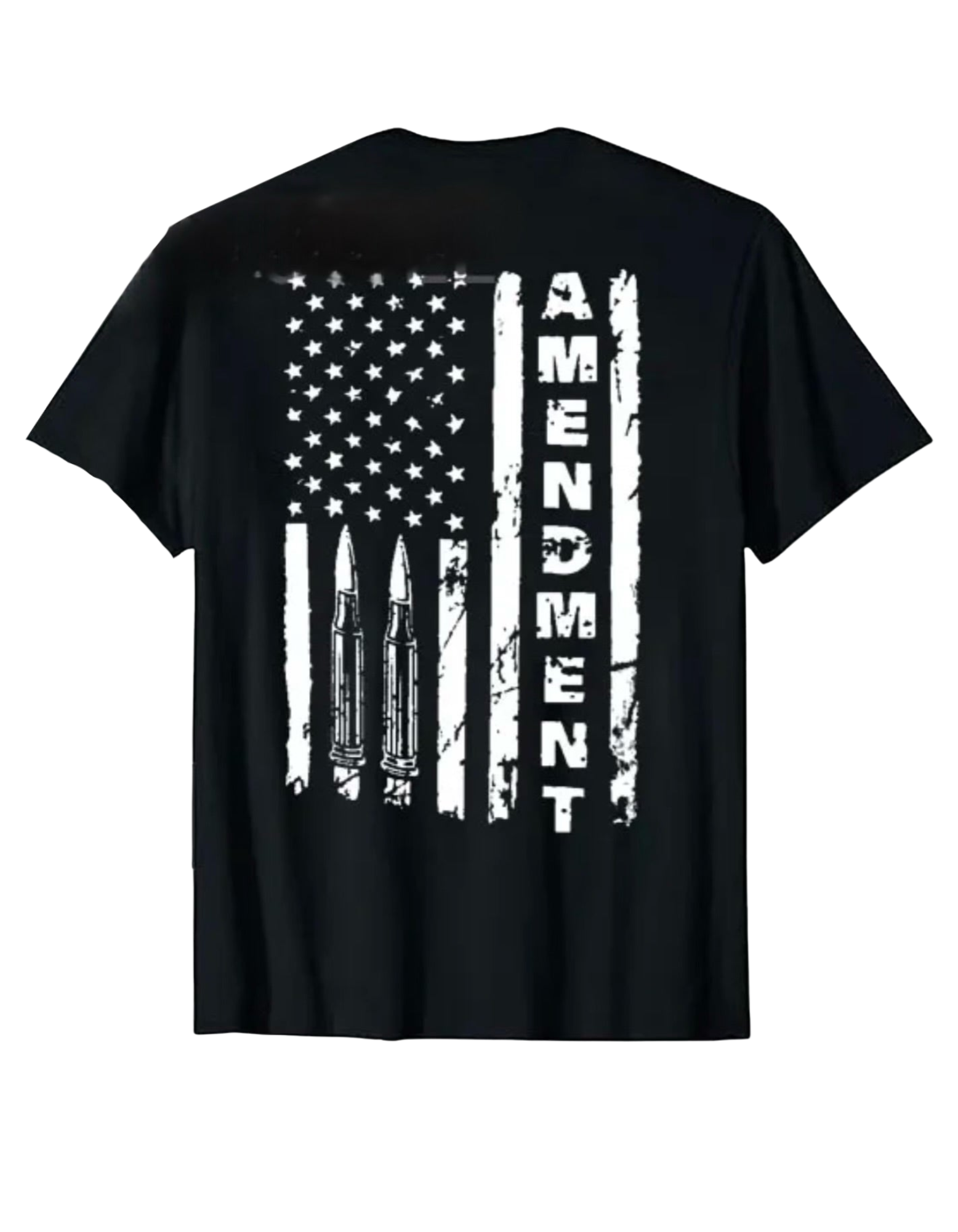 Black t-shirt with American flag and 'Amendment' text on a white background