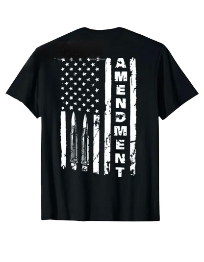 Black t-shirt with American flag and 'Amendment' text on a white background