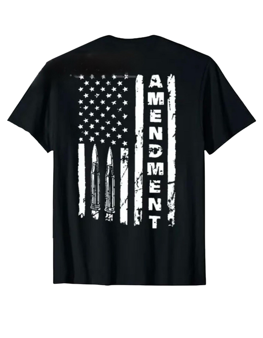 Black t-shirt with American flag and 'Amendment' text on a white background
