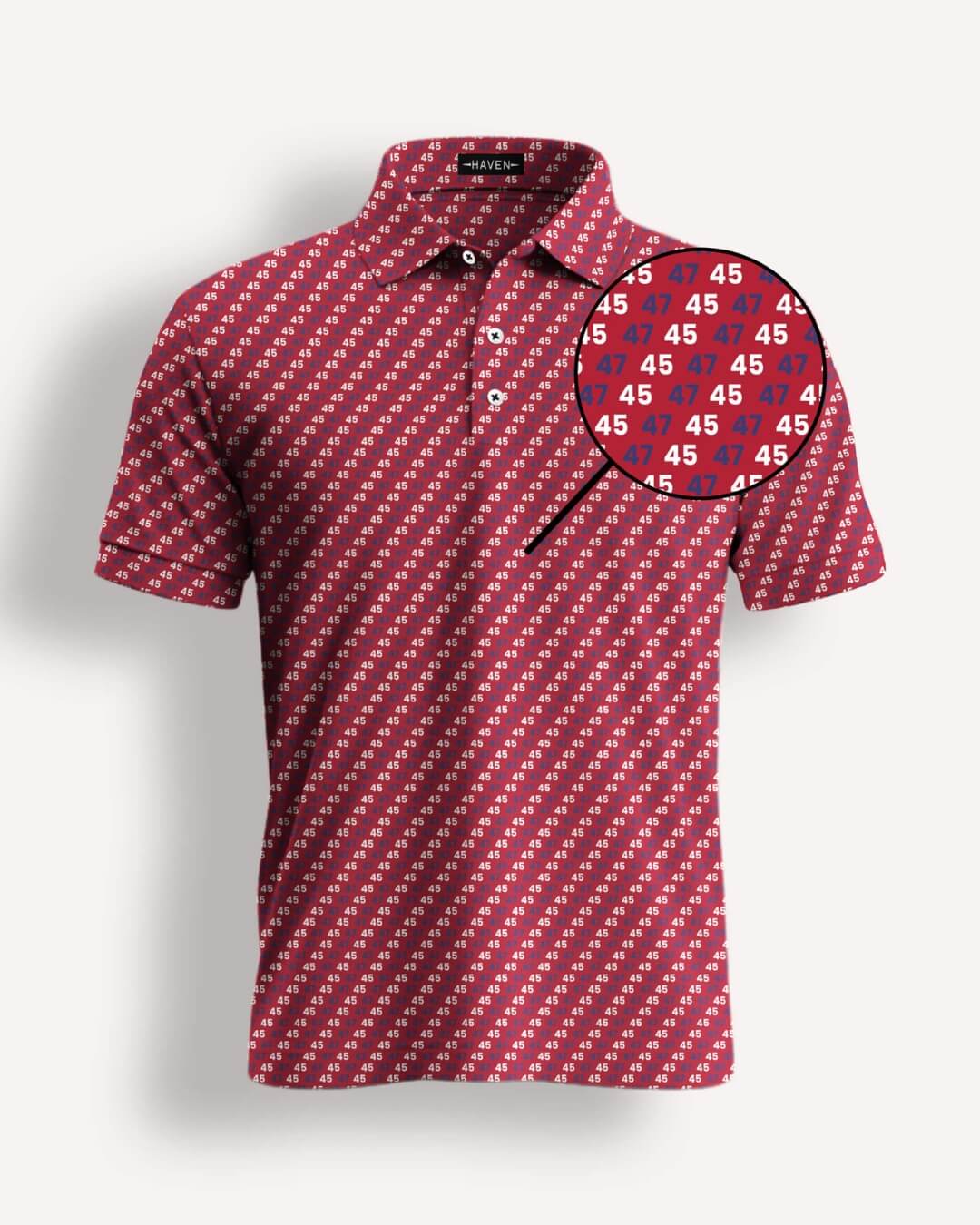 Red 45 polo shirt with patriotic design by Haven Golf, featuring a close-up detail of repeating 45 pattern for golfers.