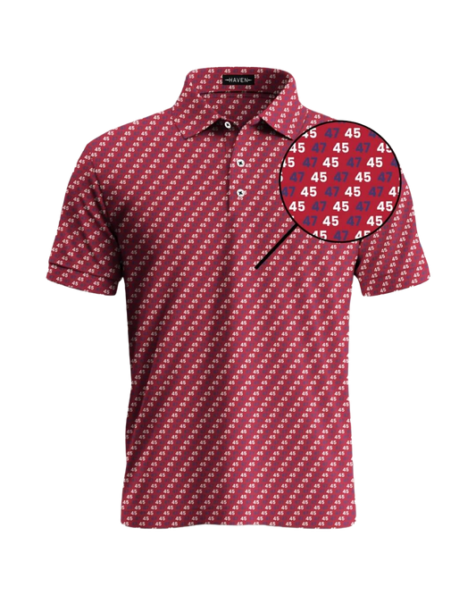 45 Polo Shirt - The Don by Haven Golf in red with patriotic pattern