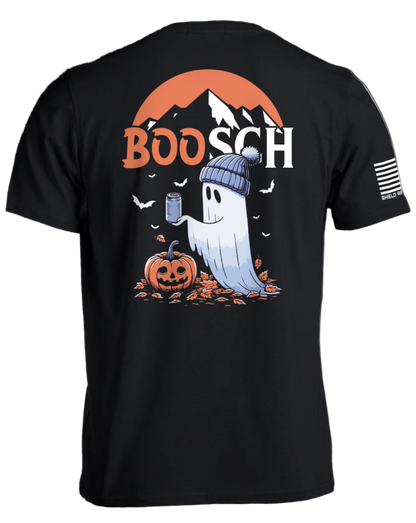 Black t-shirt with Halloween-themed design featuring a ghost and pumpkin, on a white background.
