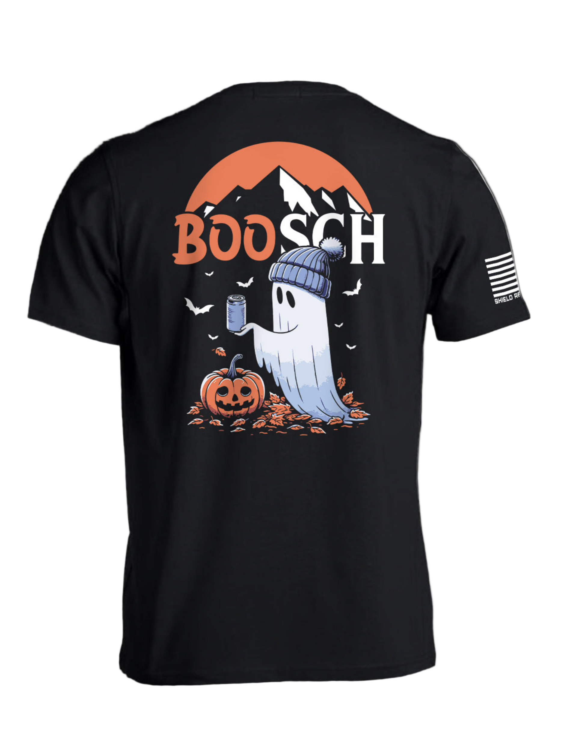 Black t-shirt with Halloween-themed design featuring a ghost and pumpkin, on a white background.