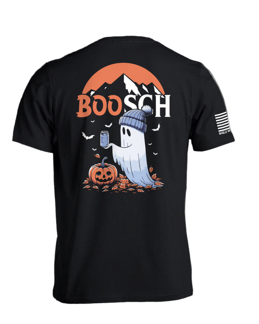 Black t-shirt with Halloween-themed design featuring a ghost and pumpkin, on a white background.