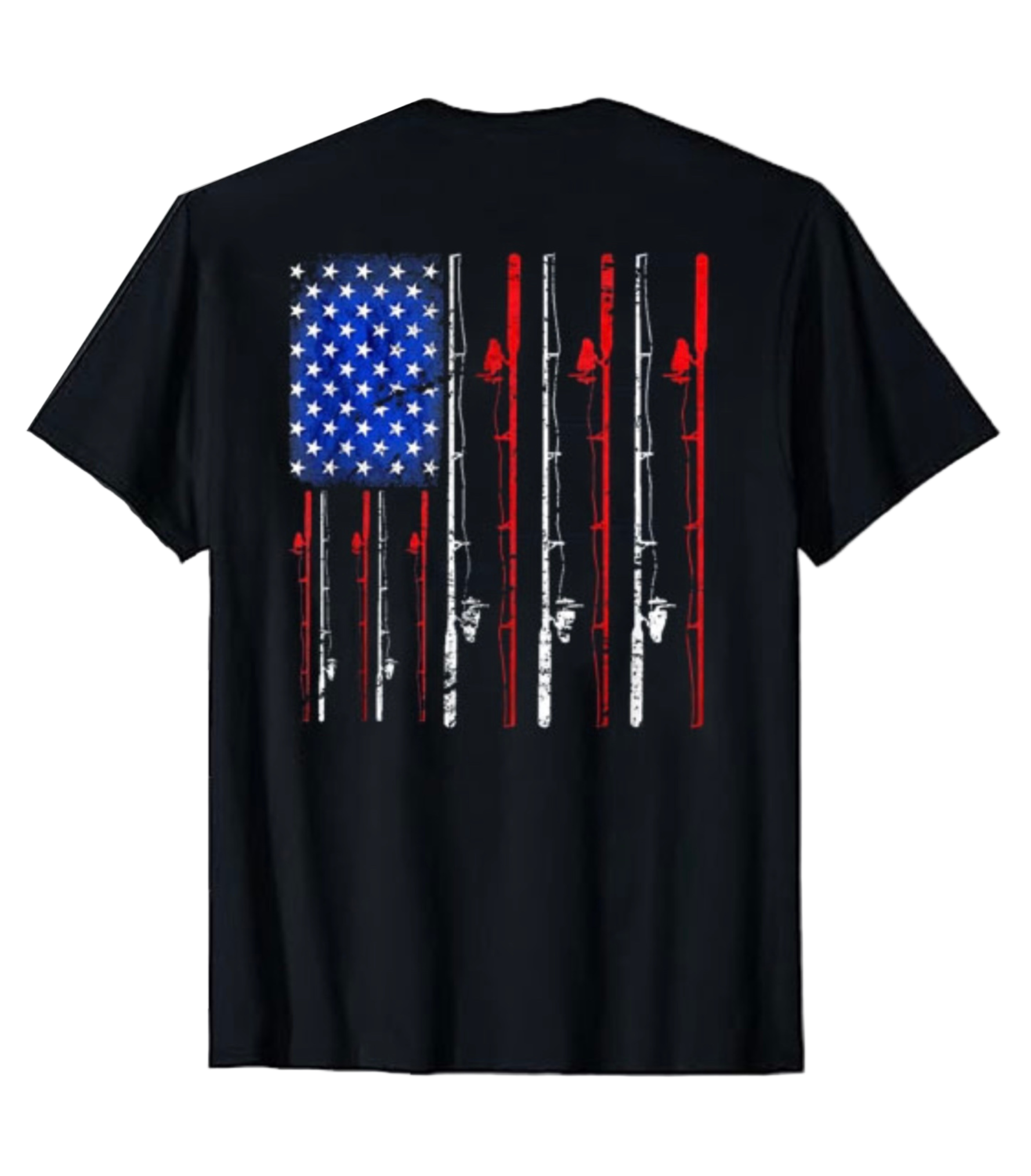 Black t-shirt with American flag design on the back against a white background