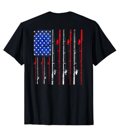 Black t-shirt with American flag design on the back against a white background