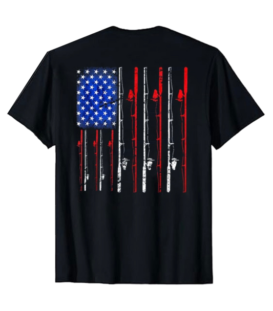 Black t-shirt with American flag design on the back against a white background