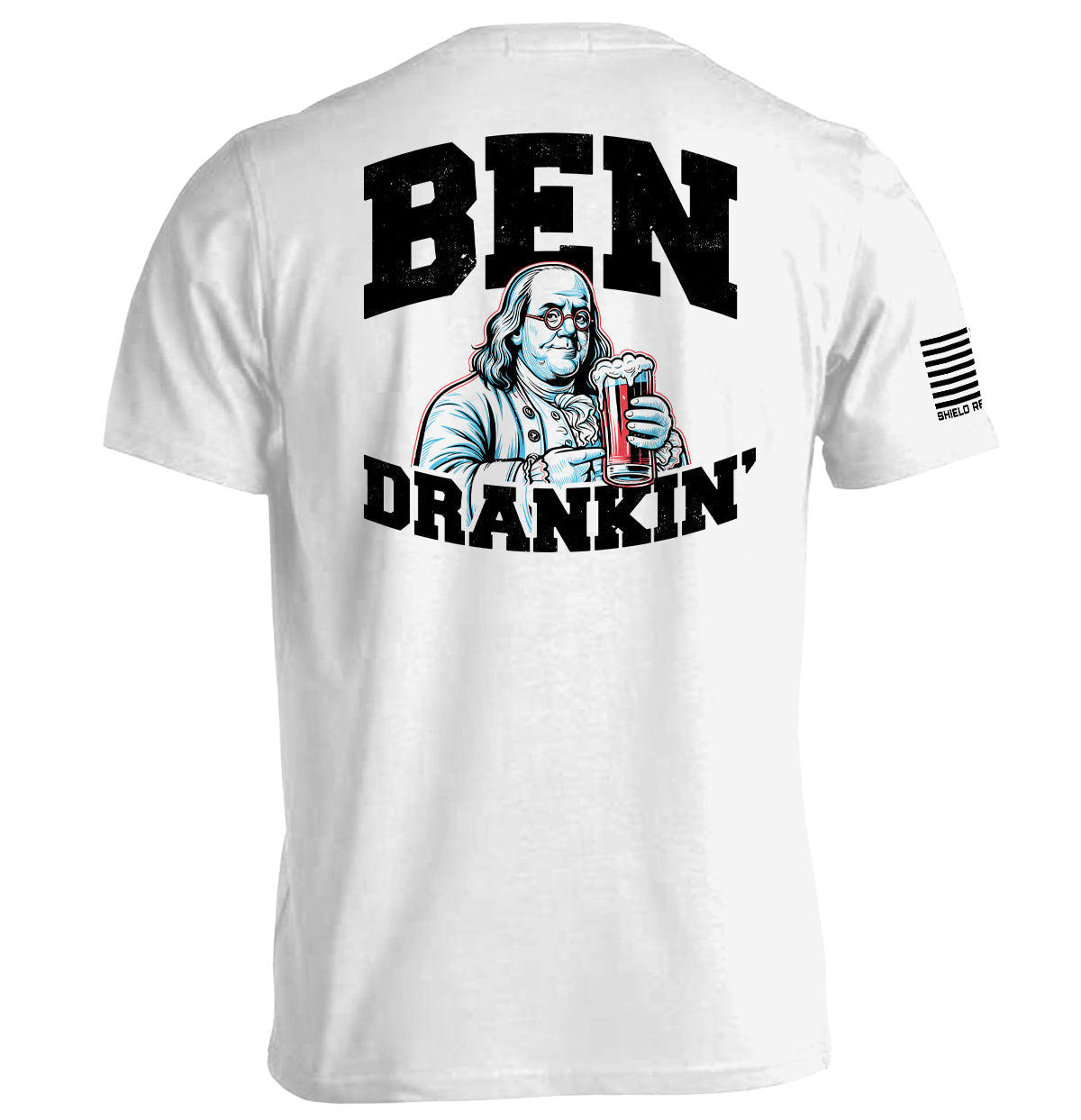 Ben Drankin T-Shirt with humorous graphic of Benjamin Franklin holding a beer, perfect for casual outings and lighthearted gatherings.