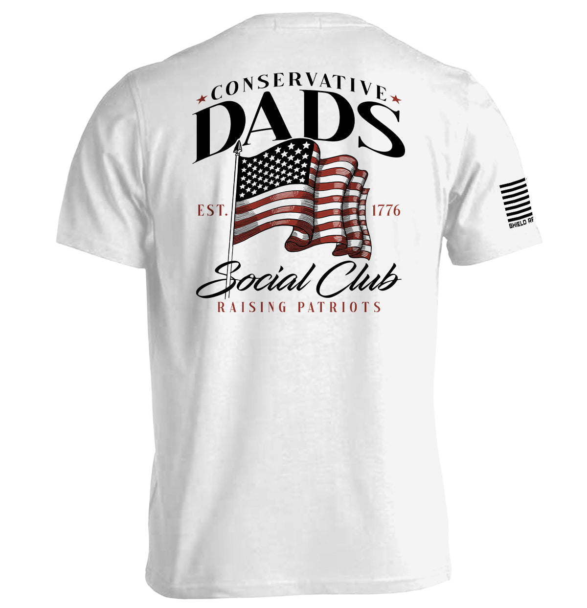 Back view of Conservative Dads Social Club T-Shirt with American flag design, Shield Republic apparel.