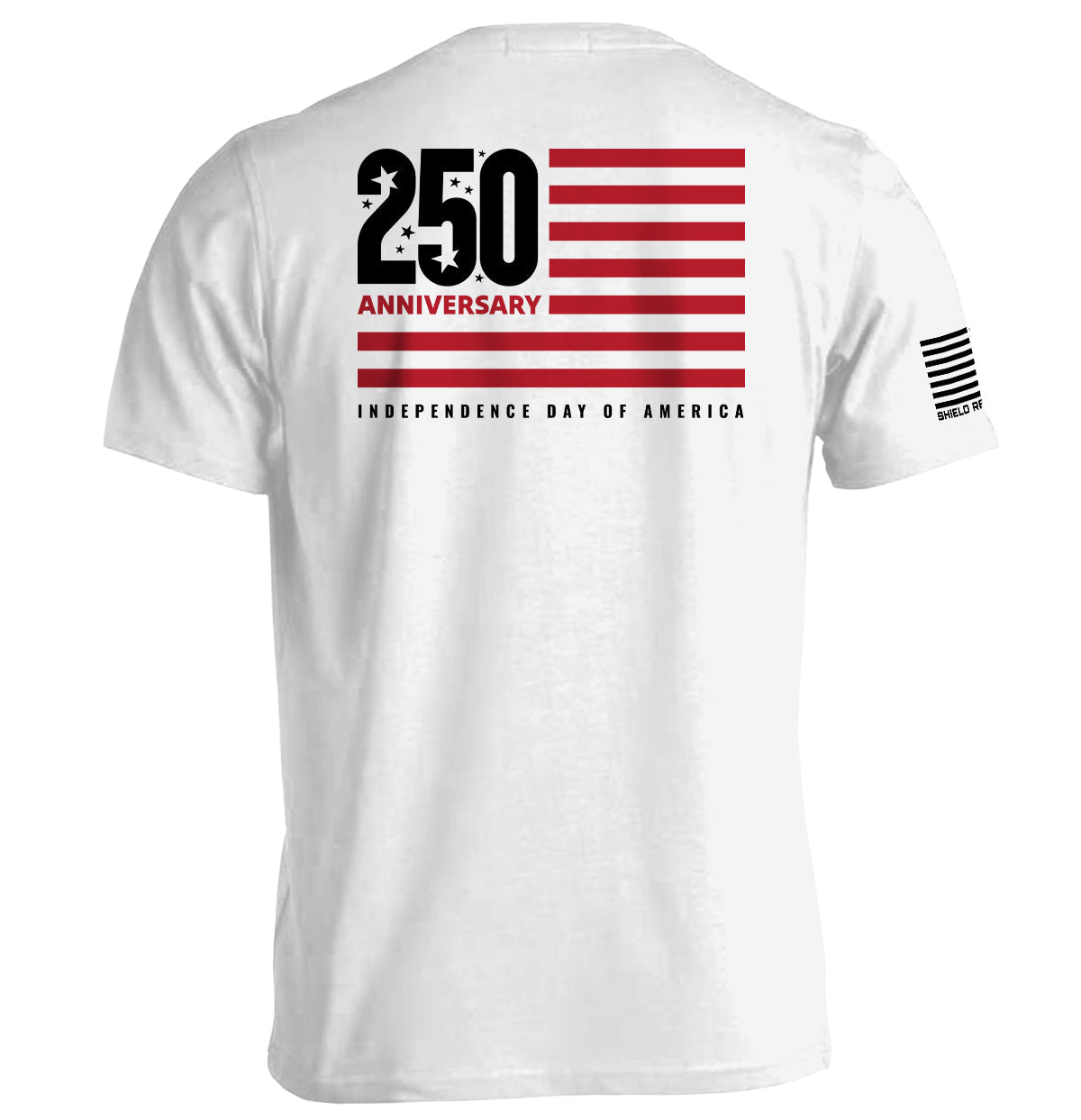 America 250 Years Anniversary Flag Shirt with modern flag design and 250 Anniversary text on white tee.