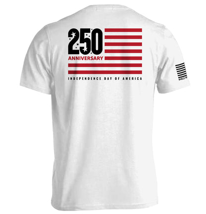 America 250 Years Anniversary Flag Shirt with modern flag design and 250 Anniversary text on white tee.