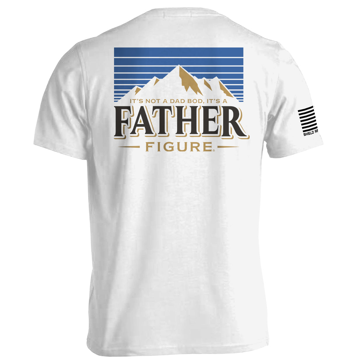 Father Figure Beer Shirt with mountain design and Shield Republic logo on sleeve, funny parody tee perfect for dads.
