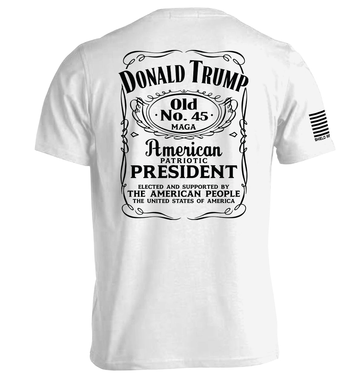 Donald Trump Old No. 45 Label T-Shirt with vintage Americana graphics and strong typography on back view.