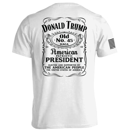 Donald Trump Old No. 45 Label T-Shirt with vintage Americana graphics and strong typography on back view.