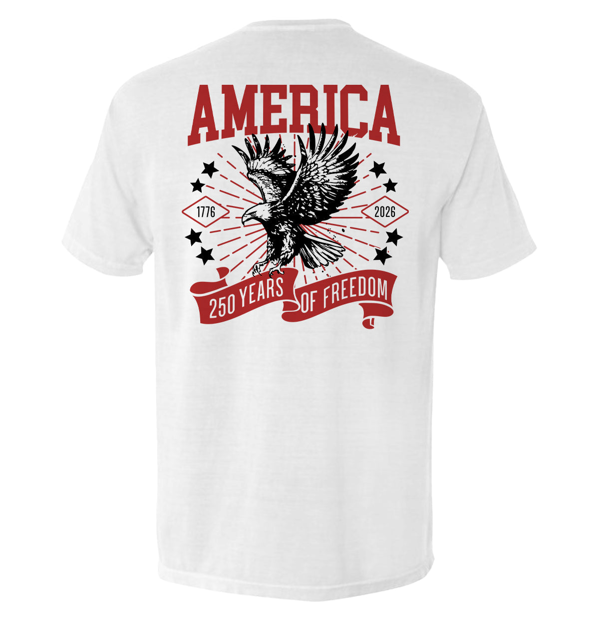 America 250 Years of Freedom Shirt with eagle design, 1776-2026 anniversary tee in white, celebrating American heritage and resilience.