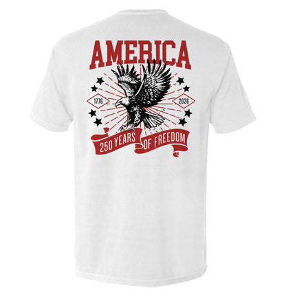 America 250 Years of Freedom Shirt with eagle design, 1776-2026 anniversary tee in white, celebrating American heritage and resilience.
