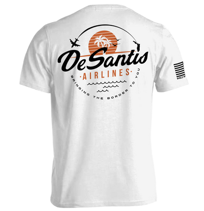 White t-shirt with 'DeSantis Airlines' graphic design on a white background