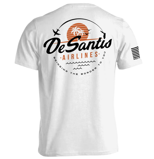 White t-shirt with 'DeSantis Airlines' graphic design on a white background