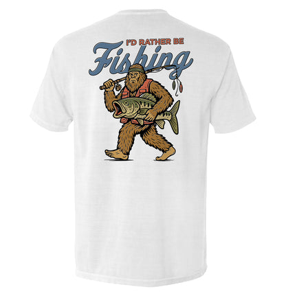 I’d Rather Be Fishing Bigfoot Shirt with humorous Bigfoot fishing graphic, ideal for anglers and outdoors enthusiasts.