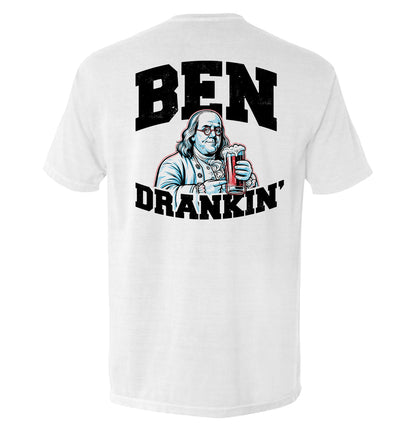 Ben Drankin T-Shirt featuring humorous graphic of Benjamin Franklin with a drink, ideal for casual wear and lighthearted social settings.