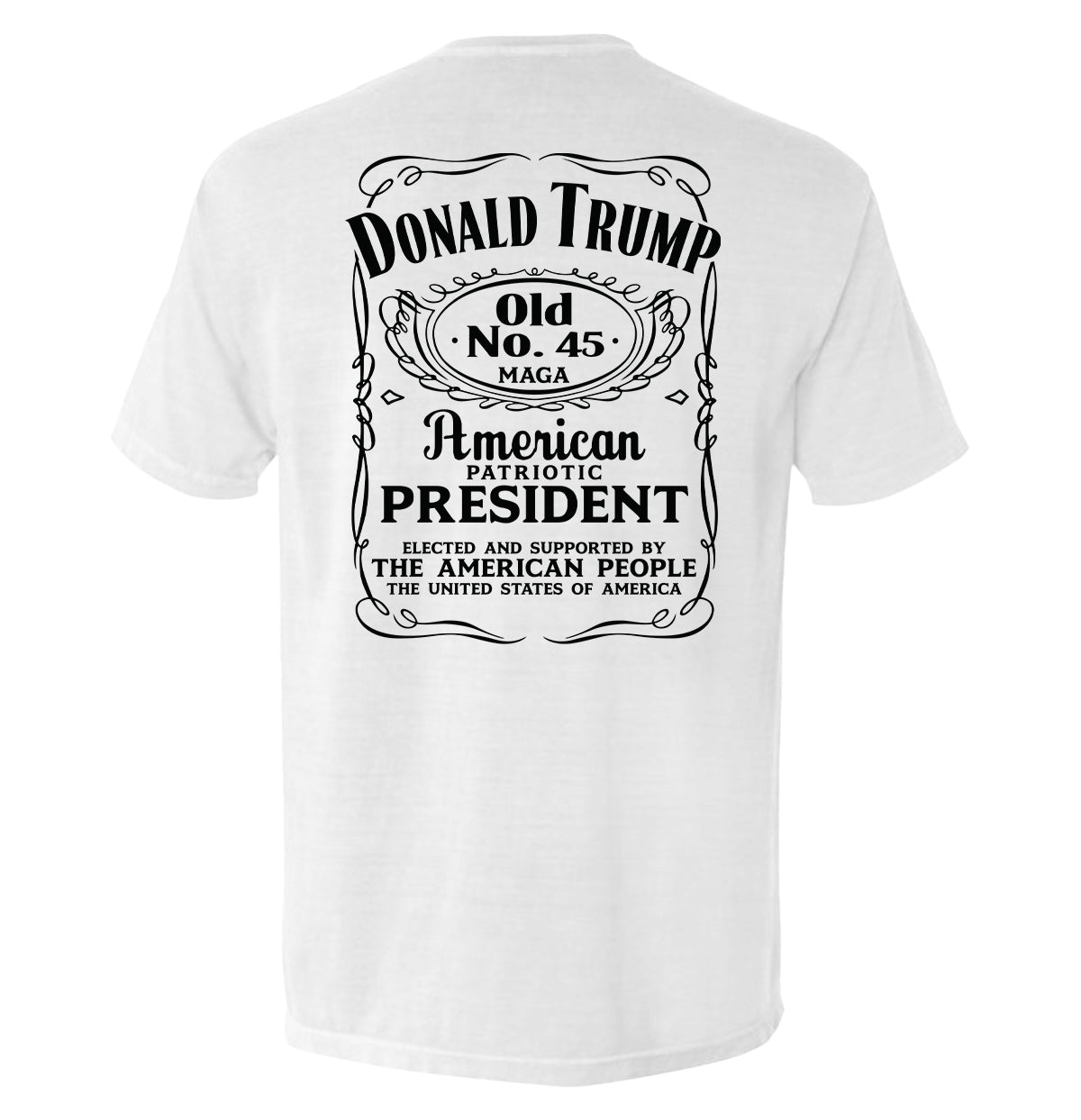 Donald Trump Old No. 45 Label T-Shirt with vintage-inspired patriotic graphic featuring framed detailing and strong typography.