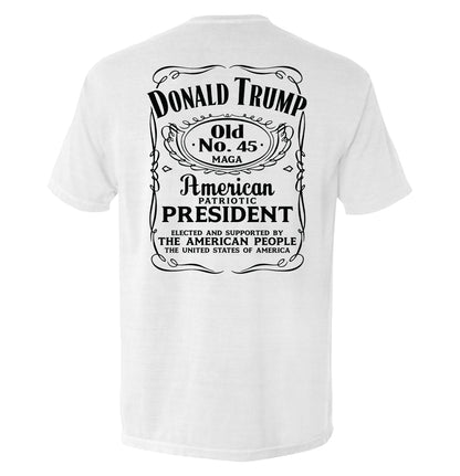 Donald Trump Old No. 45 Label T-Shirt with vintage-inspired patriotic graphic featuring framed detailing and strong typography.