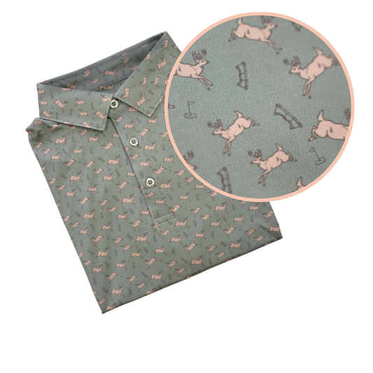 Green shirt with deer pattern and close-up of pattern on a white background