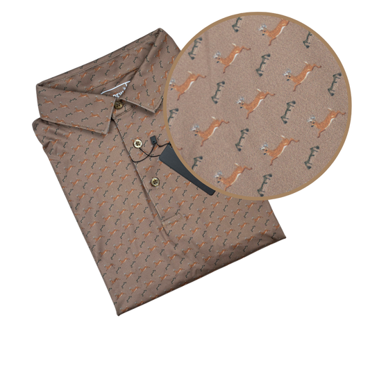 Folded brown shirt with dog pattern on a white background