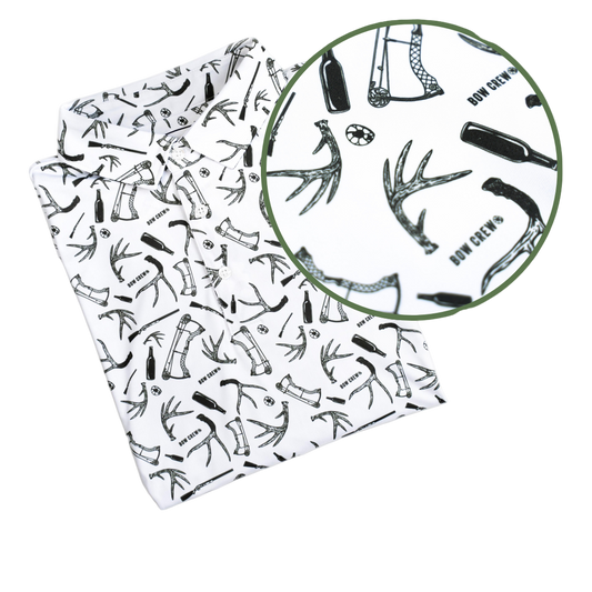 Patterned paper with hunting-themed illustrations on a white background