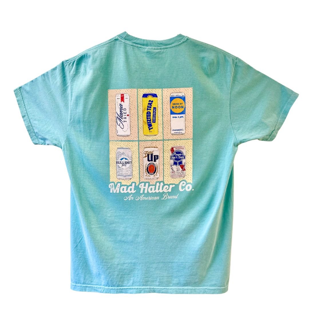 Brewski T-Shirt with retro beverage graphics on a teal background by Mad Hatter Co.