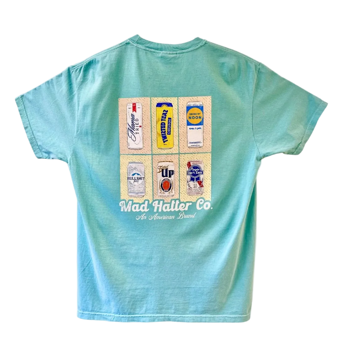 Brewski T-Shirt with retro beverage graphics featuring six vintage drink designs on a light blue shirt.