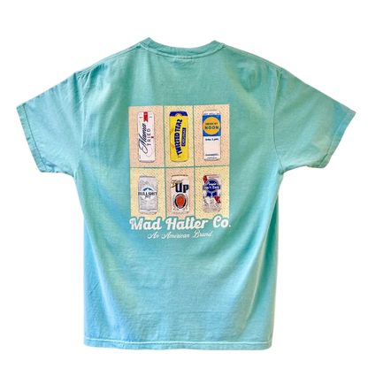 Brewski T-Shirt with retro beverage graphics featuring six vintage drink designs on a light blue shirt.