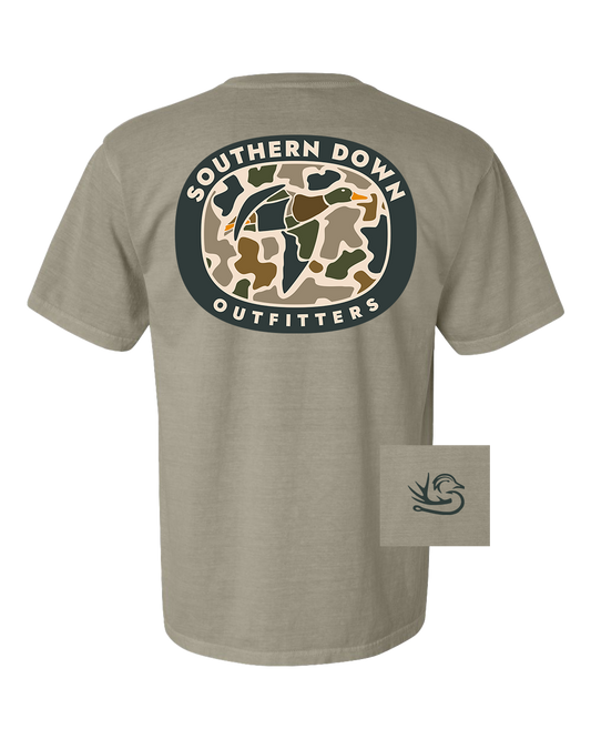 Beige t-shirt with 'Southern Down Outfitters' logo on the back, on a white background.