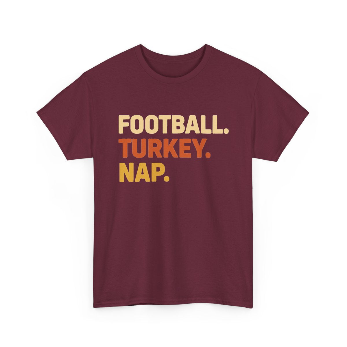 Football Turkey Nap Shirt featuring bold retro lettering on a maroon t-shirt for Thanksgiving celebrations.