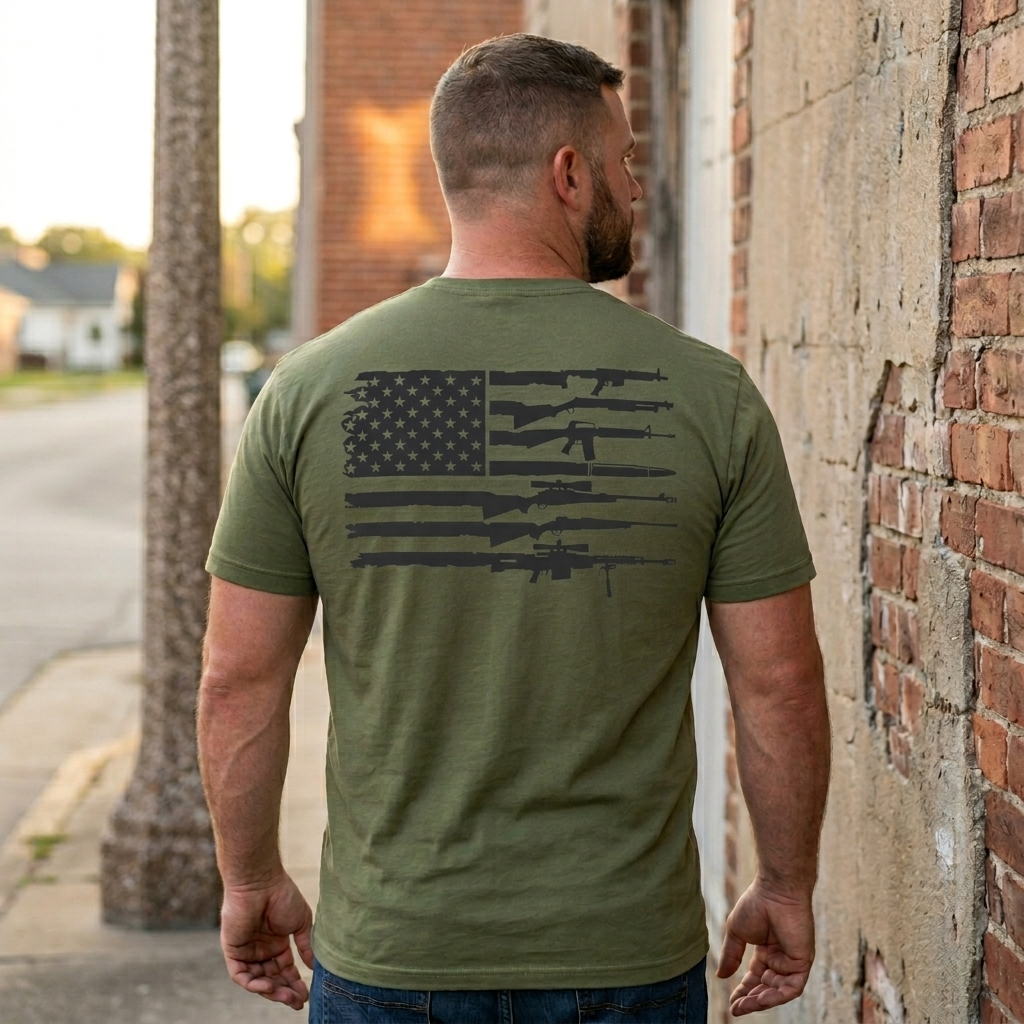 American Flag Gun Shirt on a man showcasing the design featuring a USA flag and firearm silhouette.