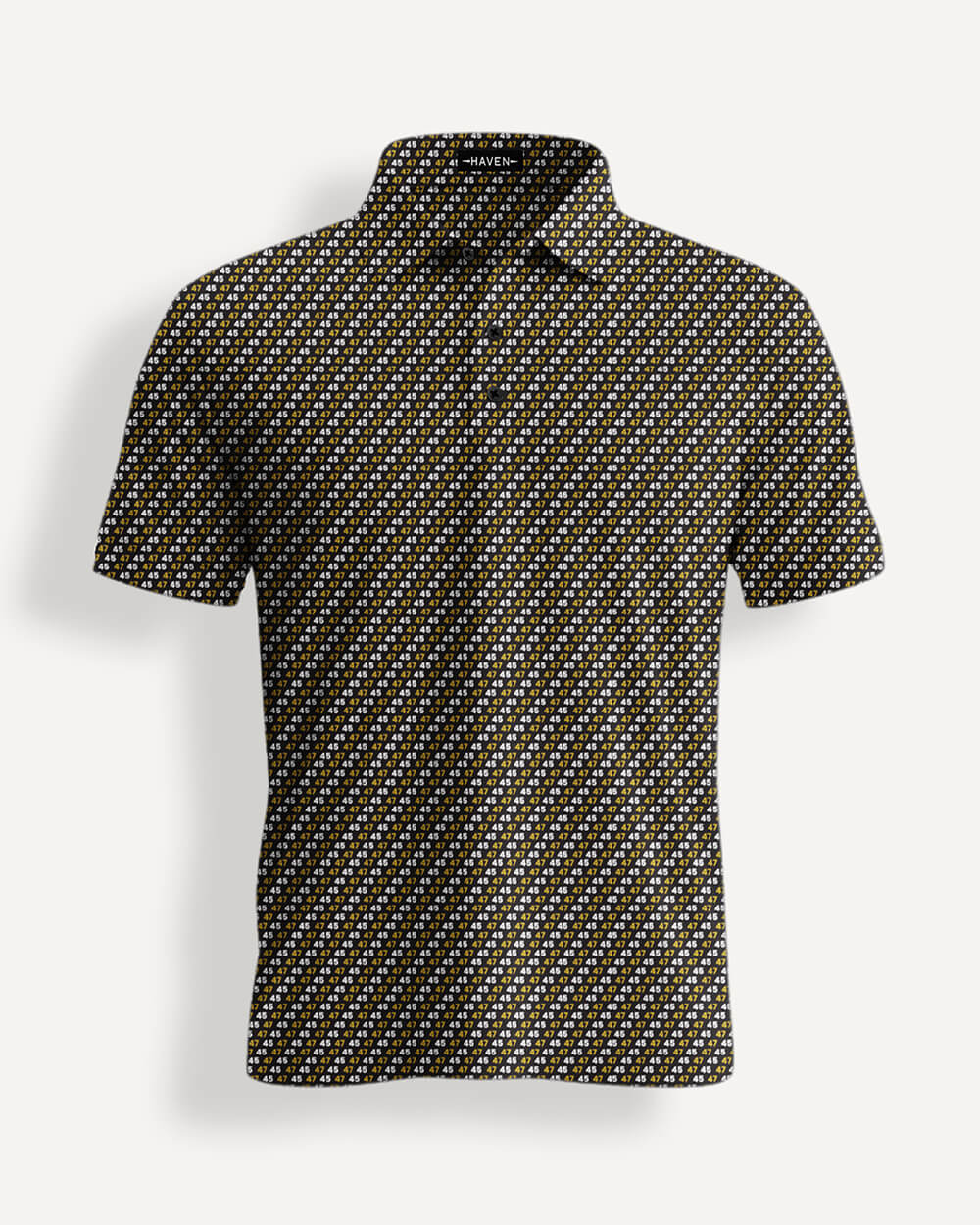 45 47 polo shirt with bold black-and-gold print by Haven Golf, featuring repeating numbers in rich gold and white tones for a premium look.