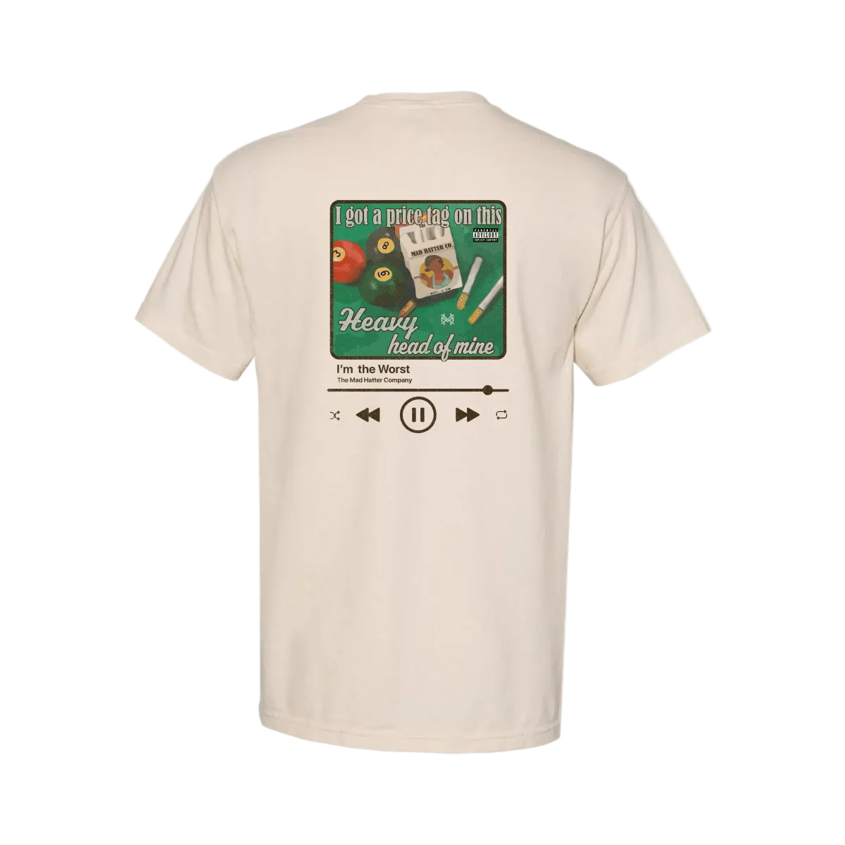 Heavy Head of Mine T Shirt with a southern music parody graphic, featuring album-style design elements and creative typography.
