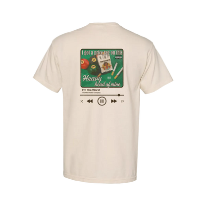 Heavy Head of Mine T Shirt with a southern music parody graphic, featuring album-style design elements and creative typography.