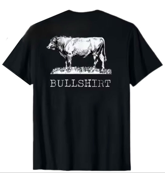 Black t-shirt with a white bull graphic and 'BULLSHIRT' text on the back against a white background