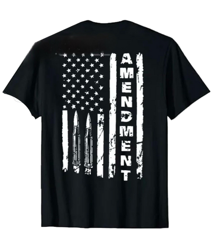 Black t-shirt with American flag and ammunition graphic on the back, featuring the word 'Amendment'.