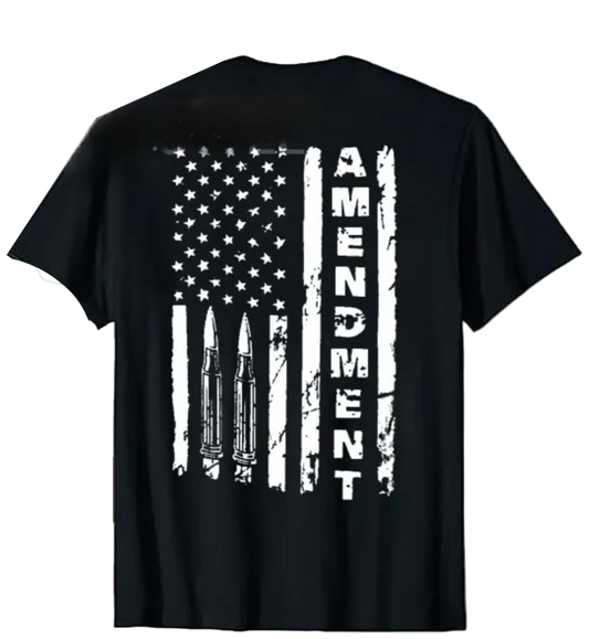 Black t-shirt with American flag and ammunition graphic on the back, featuring the word 'Amendment'.