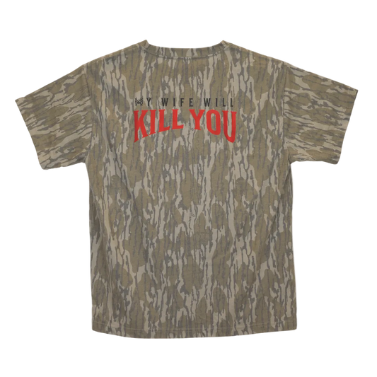 My Wife Will Kill You T Shirt with camo pattern and bold red lettering, funny graphic tee on a camouflage background.