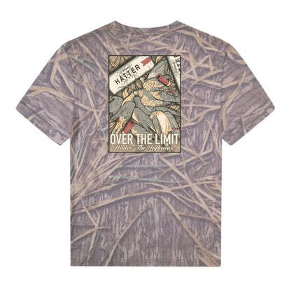 Rear view of Over The Limit T Shirt featuring vintage-style graphic with hand-drawn details on a textured background.
