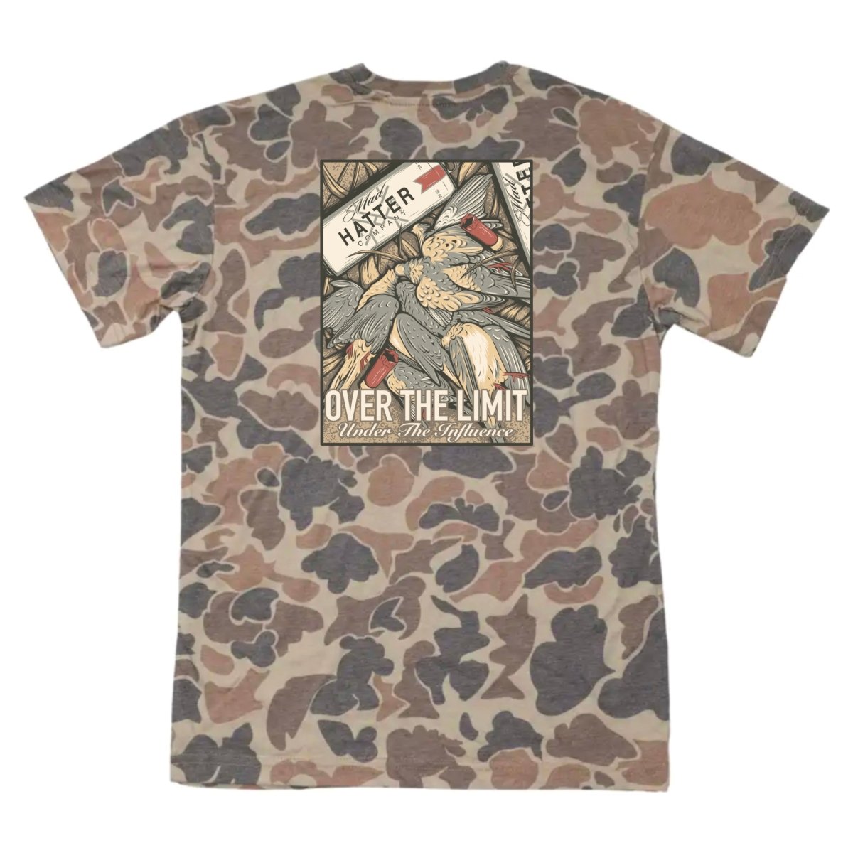 Over The Limit T Shirt featuring vintage-inspired illustration with bold artwork and muted colors, graphic statement tee on camouflage background.