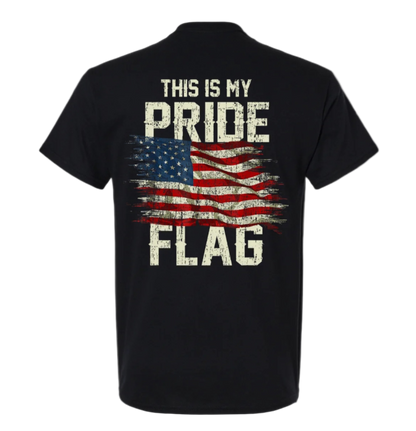 Black t-shirt with American flag and text 'This is my Pride Flag' on a white background